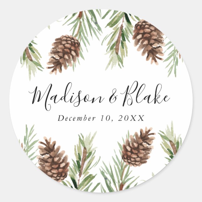 Sticker Rond Hiver Aquarelle Pine Cône Mariage (Devant)