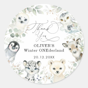 Sticker Rond Hiver Arctic Animaux Forêt de neige 1er anniversa