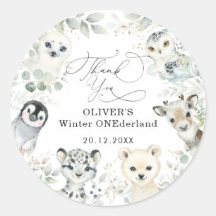 Sticker Rond Hiver Arctic Animaux Forêt de neige 1er anniversai