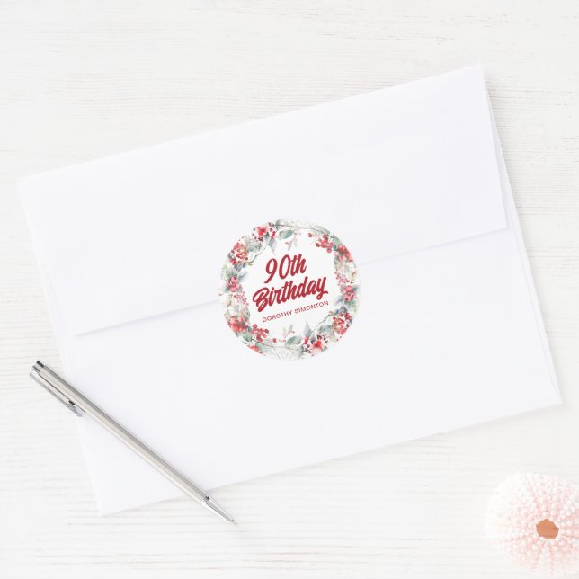Sticker Rond Hiver Berry Wreath 90th Birthday Envelope Seal (Enveloppe)