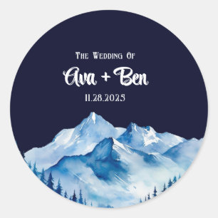 Sticker Rond Hiver Bleu Blanc Snowy Mountains Mariage