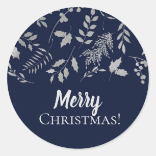 Sticker Rond Hiver Bleu & Silver Feuille vacances botaniques