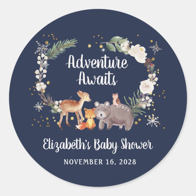 Sticker Rond Hiver Bois Animaux Baby shower Bleu (Devant)
