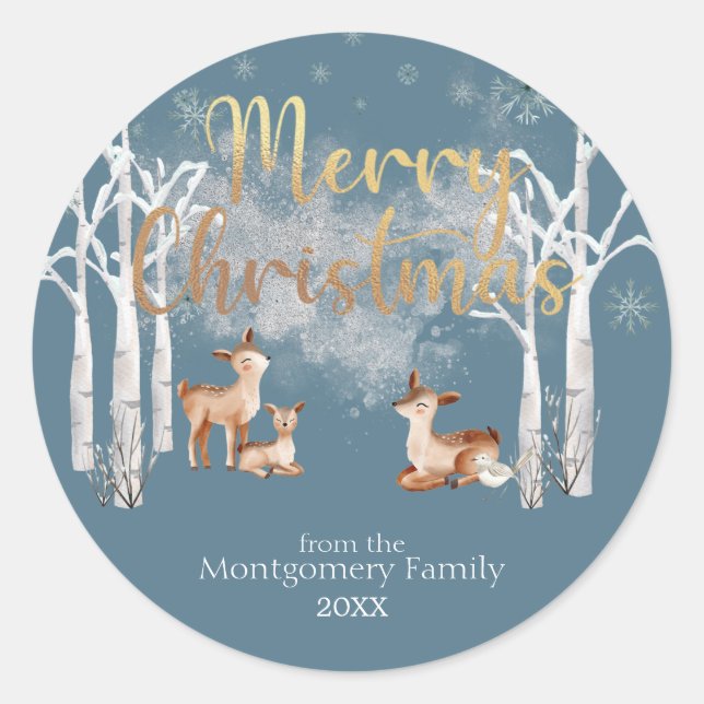Sticker Rond Hiver Bois Cerf & Or Noël sur Bleu (Devant)