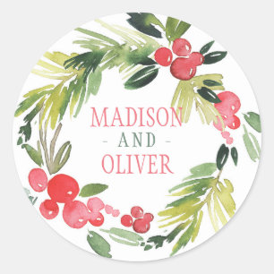 Sticker Rond Hiver Floral Aquarelle Wreath   MARIAGE