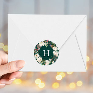 Sticker Rond Hiver Floral Wreath Green Monogram Holiday