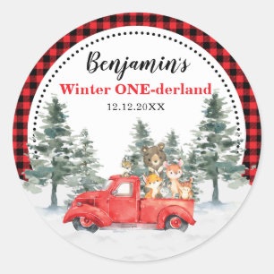 Sticker Rond Hiver Forêt ONEderland Animaux boisés Anniversaire