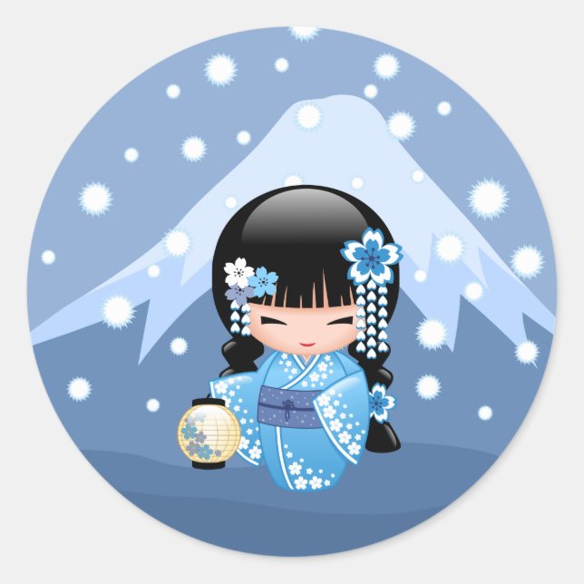 Sticker Rond Hiver Kokeshi poupée Blue Mountain Geisha Girl (Devant)