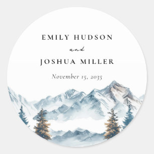 Sticker Rond Hiver Montagnes Pine Tree Mariage
