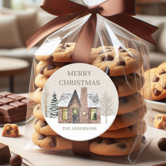 Sticker Rond Hiver Neige Maison Pine Arbre Joyeux Noël Nom