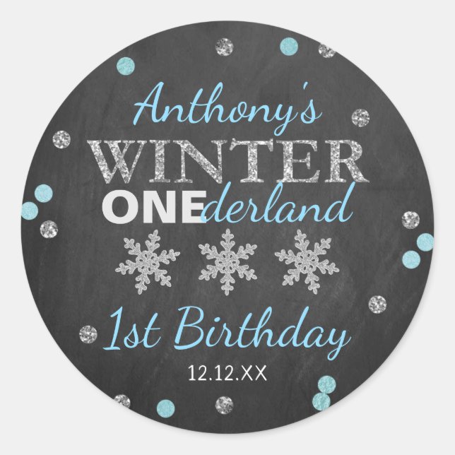 Sticker Rond Hiver ONE derland Chalkboard 1er anniversaire (Devant)