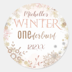 Sticker Rond Hiver Onederland 1er anniversaire Pink Snowflake