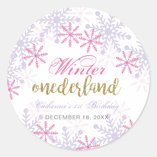 Sticker Rond Hiver Onederland 1er anniversaire Purple Pink Neig (Devant)