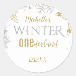 Sticker Rond Hiver Onederland Anniversaire Silver Gold Snowflak