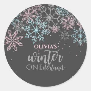 Sticker Rond Hiver Onederland Paillettes rose bleu argent