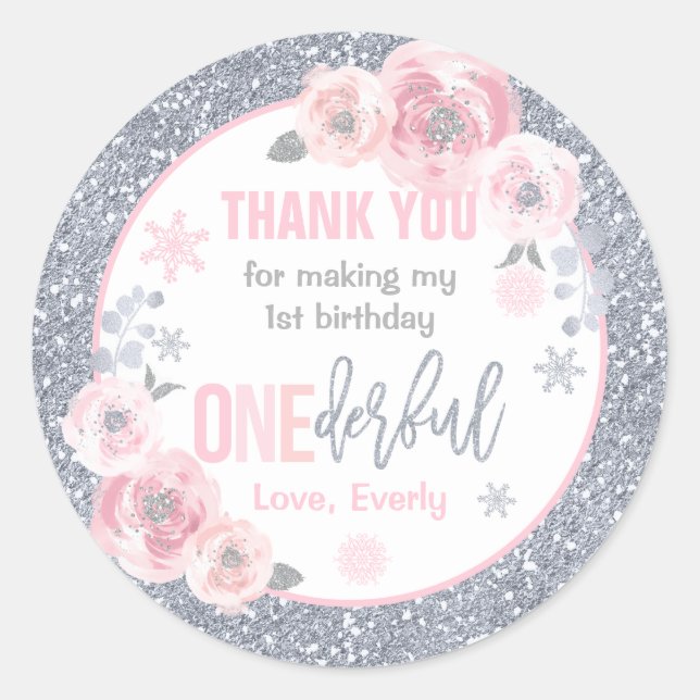 Sticker Rond Hiver ONEderland Rose et argent Anniversaire Faveu (Devant)