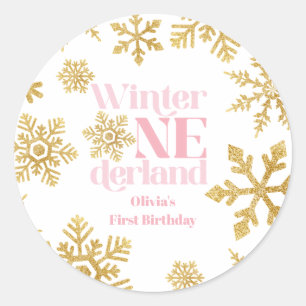 Sticker Rond Hiver Onederland Rose Gold Flocon de Neige 1er Ann