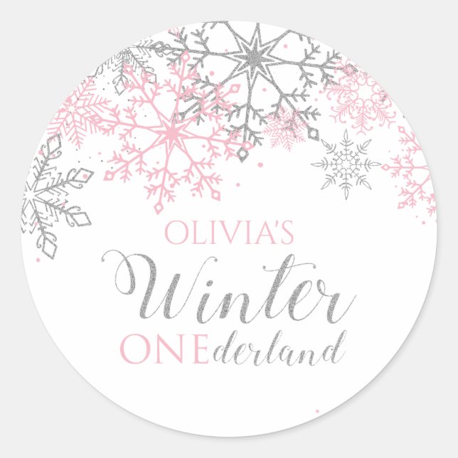 Sticker Rond Hiver Onederland Silver and Pink Snowflake (Devant)