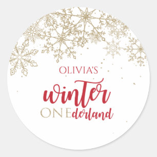 Sticker Rond Hiver ONEdernald Red and Gold Snowflake Anniversai