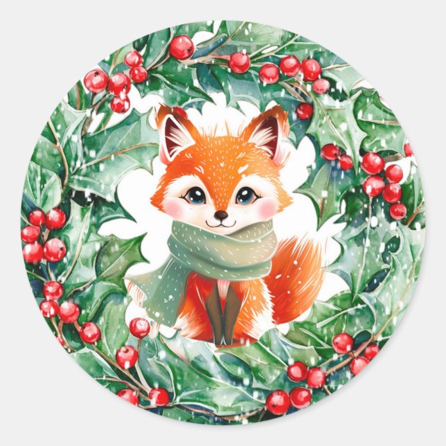 Sticker Rond Hiver Red Fox Green et Baby shower des baies (Devant)