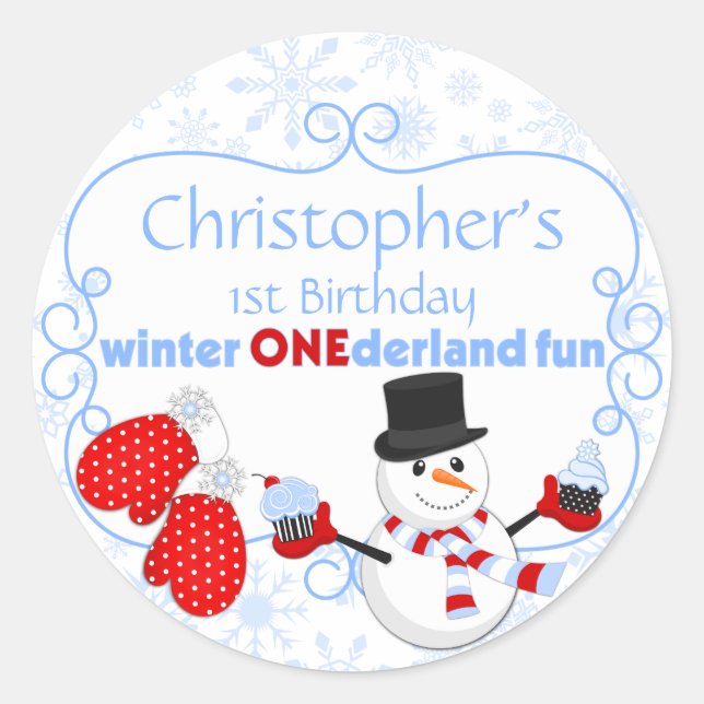 Sticker Rond Hiver Un désert Première Anniversaire Snowman Mitt (Devant)
