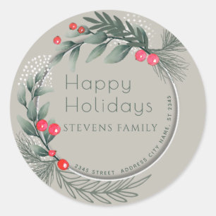 Sticker Rond Hiver Végétation Sainte aquarelle Joyeux Vacances