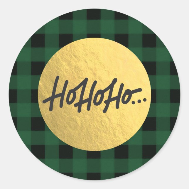 Sticker Rond HO HO HO Christmas Buffalo Plaid Gold Foil (Devant)