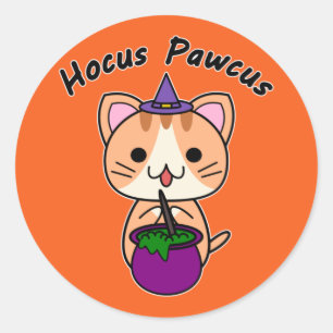 Sticker Rond Hocus Pawcus - Chat Tigre Rouge - Écriture Noire