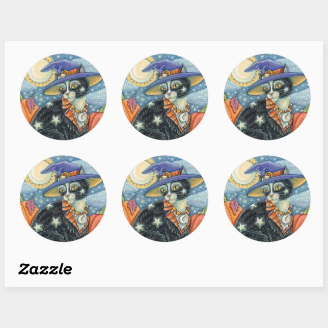 STICKER ROND HOCUS POCUS NOIR CAT WITCH & MOUSE HALLOWEEN (Feuille)