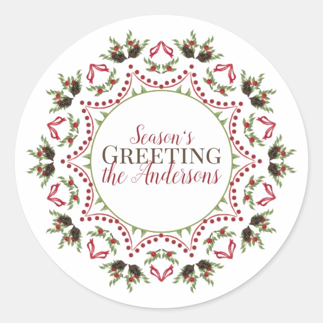 Sticker Rond Holiday Holly Circle Mandala Noël Élégant (Devant)