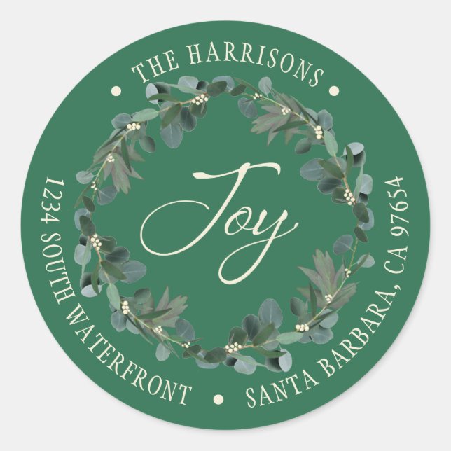 Sticker Rond Holiday Joy Wreath Green Return Adresse (Devant)