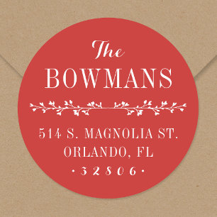 Sticker Rond Holiday Red Nom de famille Adresse de retour