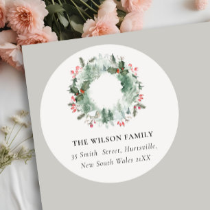 Sticker Rond Holly Berries Pine Snow Christmas Wreath Adresse