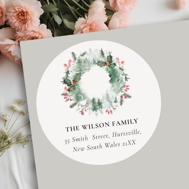 Sticker Rond Holly Berries Pine Snow Christmas Wreath Adresse (Créateur téléchargé)