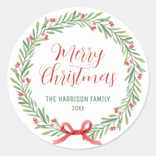 Sticker Rond Holly Berries Wreath Verdure Noël