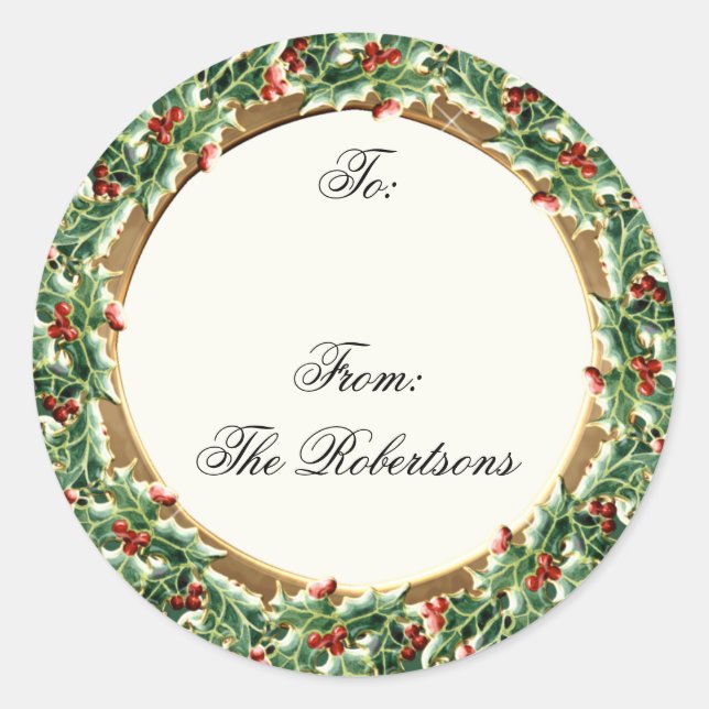 Sticker Rond Holly Berry Wreath w Jewel Christmas Gift Tags (Devant)