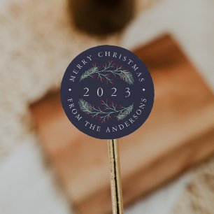 Sticker Rond Holly et Pine   Joyeux Noël personnalisé