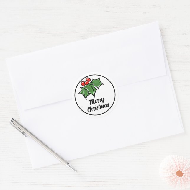 Sticker Rond Holly Feuilles, Holly baies, fun vacances botaniqu (Enveloppe)