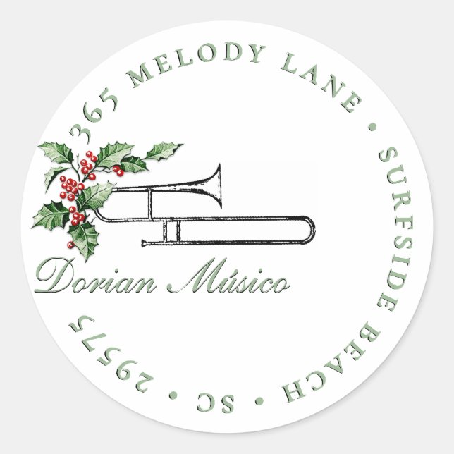Sticker Rond Holly Horn Music Holiday Christmas Green Address (Devant)