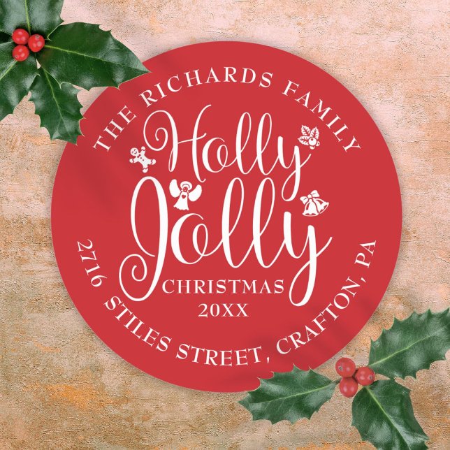Sticker Rond Holly Jolly Christmas Holidays Nom Adresse (Holly Jolly Christmas Holidays Name Address Classic Round Sticker)