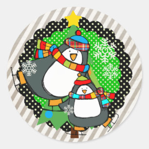 Sticker rond Holly Jolly Patinage Penguins