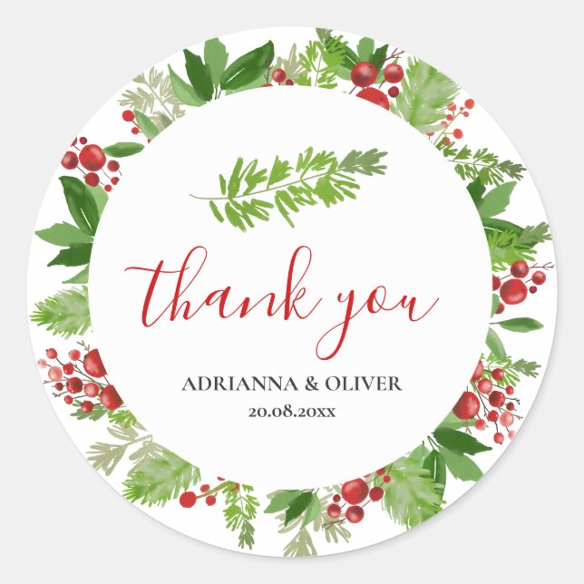 Sticker Rond Holly Red Berry Mariage Merci de Noël (Devant)