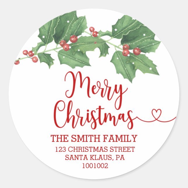 Sticker Rond Holly Wreath Joyeux Noël Adresse de retour (Devant)