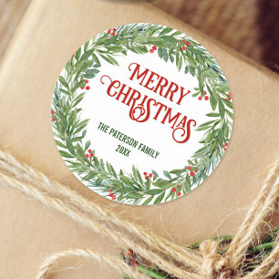 Sticker Rond Holly Wreath Nom de famille Noël Blanc