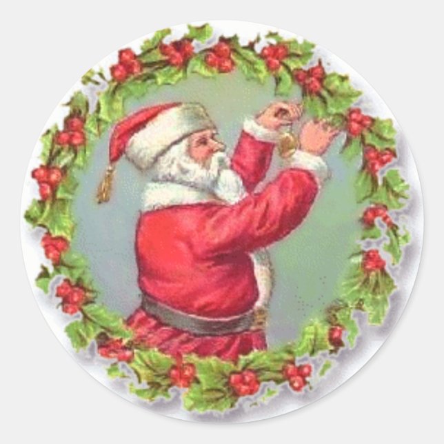 Sticker Rond Holly Wreath Vintage Père Noël Noël (Devant)