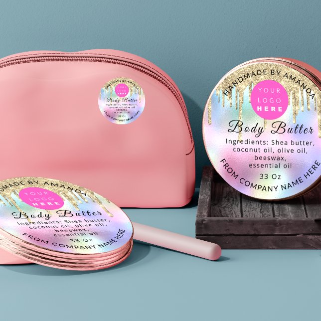 Sticker Rond Holographe Personnalisé Nom Logo Soins du corps Dr (Holograph Custom Logo Name Body Care Drips Classic Round Sticker)