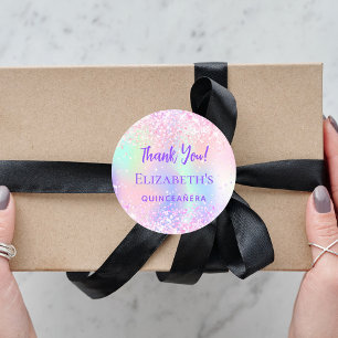 Sticker Rond Holographe rose violet Quinceanera Merci