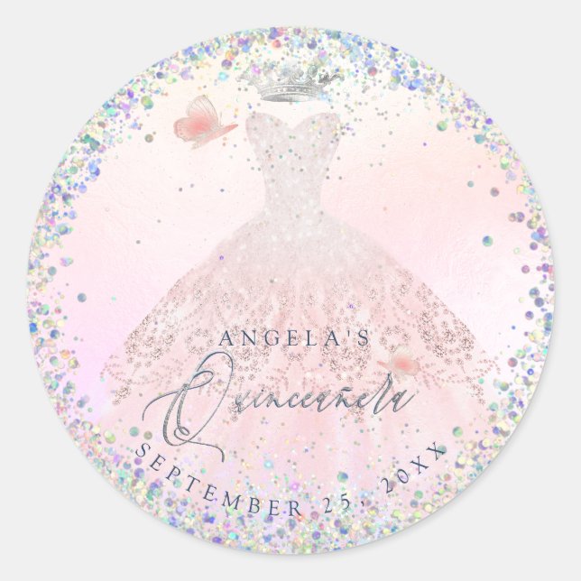 Sticker Rond Holographique Confetti Quinceanera Blush Pink Gown (Devant)