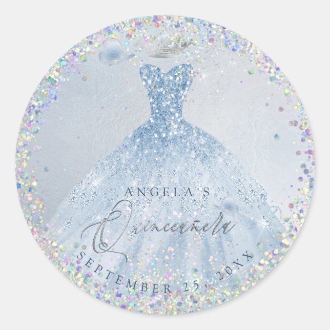 Sticker Rond Holographique Confetti Quinceanera Dusty Blue Gown (Devant)