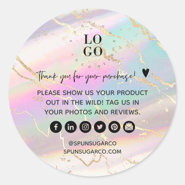 Sticker Rond Holographique Iridescente Opal Gem Merci d'affaire (Devant)